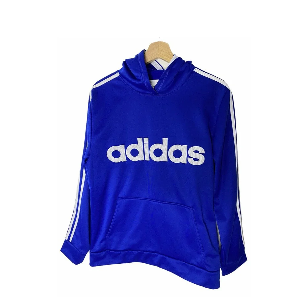 Adidas Boys Hoodie Pullover‎ Jacket Blue Logo Spell Out 3 Stripes Pocket Size XL